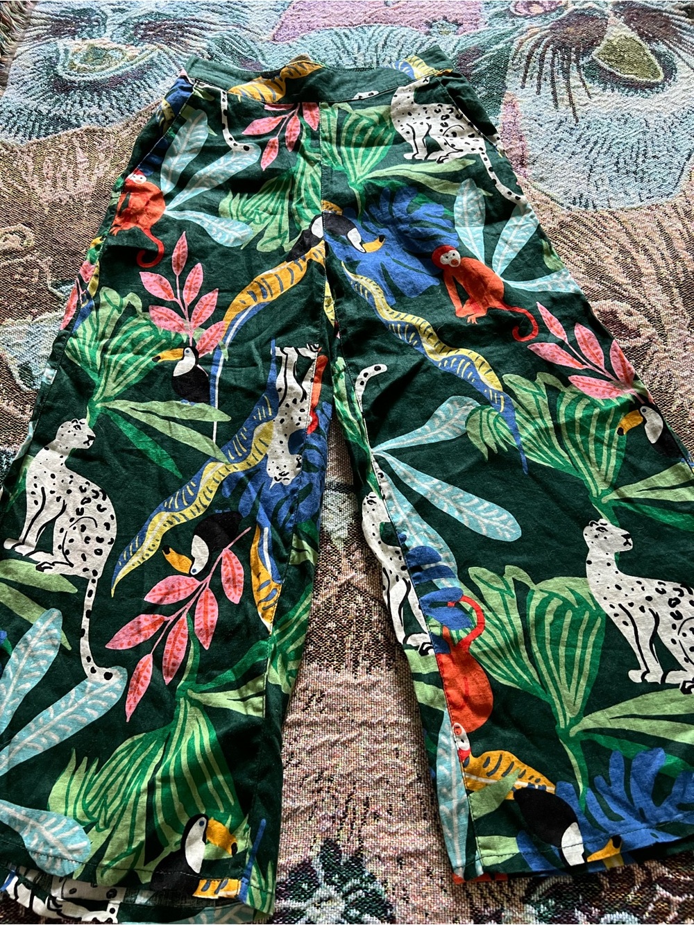 Wide-Leg Linen Jungle Print Pants - Dark Green